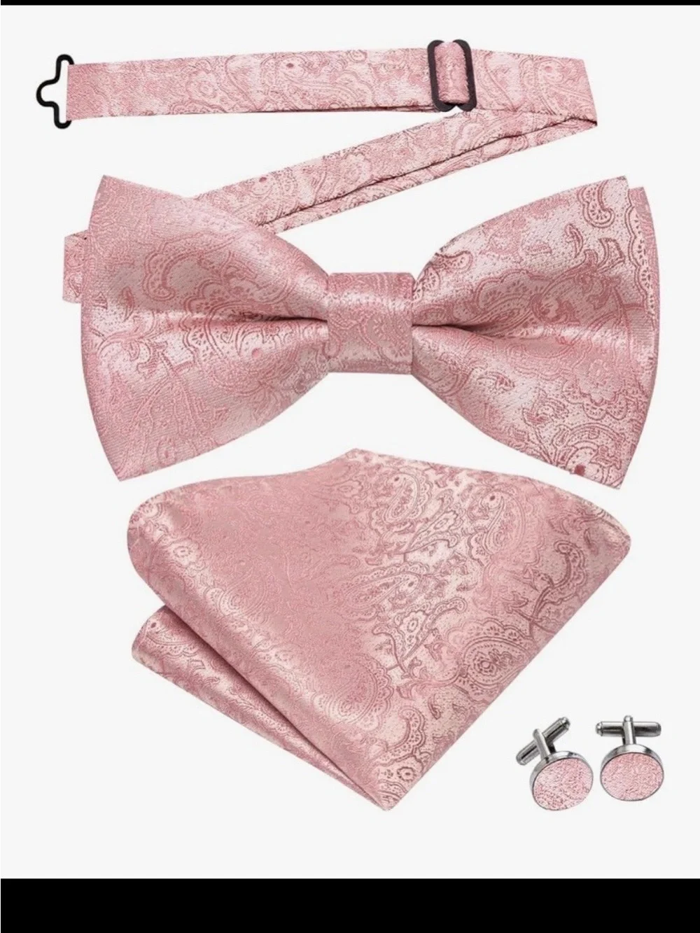 Hi-Tie Pink Paisley Bow Tie Pocket Square Cufflinks Lapel Pin Set